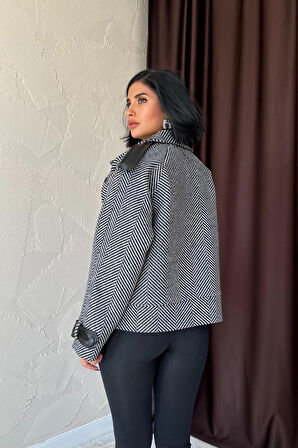 Gri Çizgili Deri Garnili Ceket