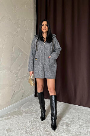 Gri Armalı Kapşonlu Peluş Ceket