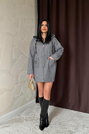 Gri Armalı Kapşonlu Peluş Ceket