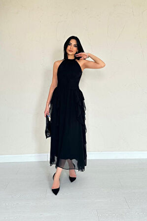 Siyah Önü Büzgülü Fırfırlı Elbise