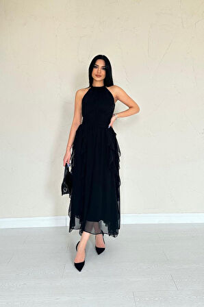 Siyah Önü Büzgülü Fırfırlı Elbise