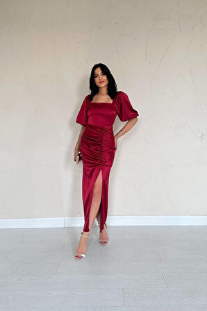 Bordo Büzgülü Saten Elbise