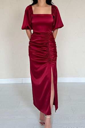 Bordo Büzgülü Saten Elbise