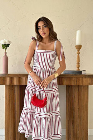 Bordo Omuzdan Bağlamalı Çizgili Elbise