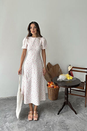 Pembe Dijital Baskılı Atlas Elbise