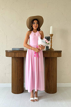 Pembe Arkası Gipeli Keten Elbise