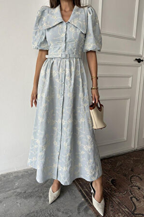 Bebe Mavi Bebe Yaka Balon Kollu Elbise