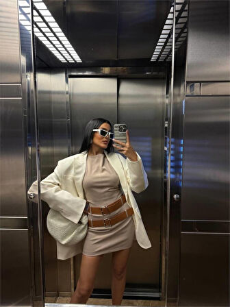 POLYVİSCON ÇİFT KEMER DETAYLI ELBİSE - Bej