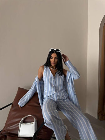 ÇİZGİLİ CEKET KETEN - Mavi