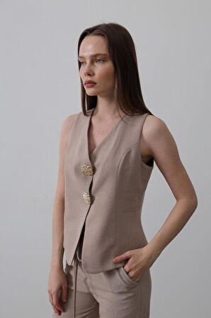 Düğme Detaylı Yelek - Vizon