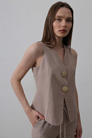 Düğme Detaylı Yelek - Vizon