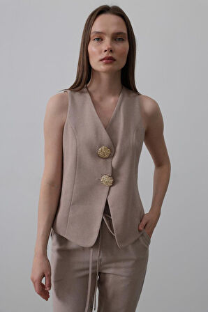 Düğme Detaylı Yelek - Vizon