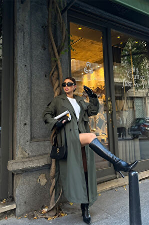 TRENCH YANDAN YIRTMAÇ DETAYLI - Haki