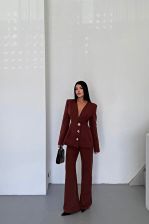 TASARIM CEKET-PANTOLON TAKIM METAL DÜĞME DETAYLI - Kahverengi