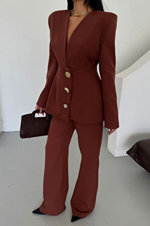 TASARIM CEKET-PANTOLON TAKIM METAL DÜĞME DETAYLI - Kahverengi