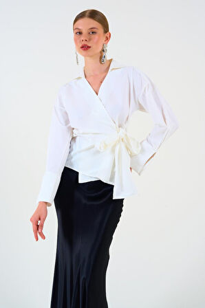 Düz Yandan Bağlamalı Gömlek - Ekru