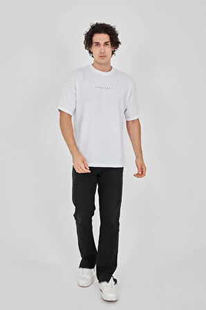 Unisex Jakar Kumaş Rahat Kol T-Shirt - Beyaz