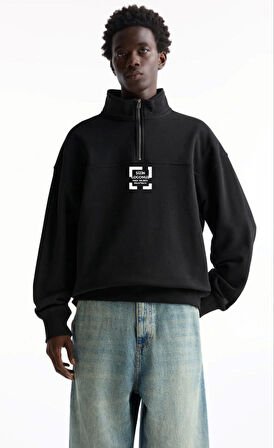 Oversize Yarım Farmuarlı Yakalı Özel Tasarım Basic SweatShirt - Siyah