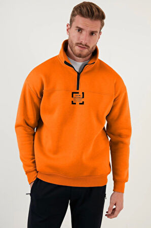 Oversize Yarım Farmuarlı Yakalı Özel Tasarım Basic SweatShirt - Turuncu