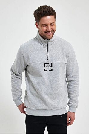 Oversize Yarım Farmuarlı Yakalı Özel Tasarım Basic SweatShirt - Gri