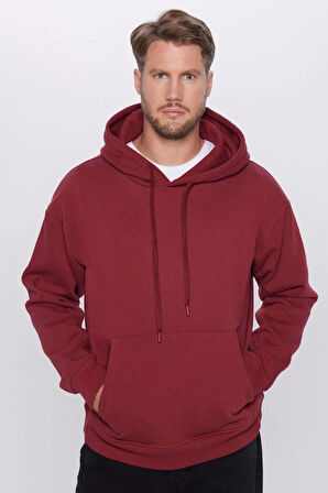 Üç İplik Penye Kapşonlu Basic SweatShirt - Bordo