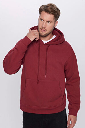 Üç İplik Penye Kapşonlu Basic SweatShirt - Bordo