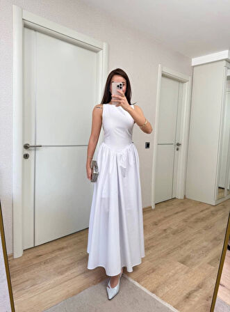 Sifir Kol Beli Oturtmalı Kolsuz Uzun Elbise - Beyaz