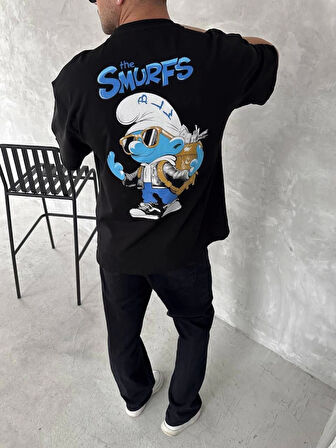 Ön Ve Arka Baskılı Oversize Bisiklet Yaka T-shirt- Siyah