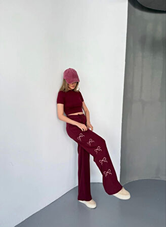 Osy Modal Yumuşak Dokulu Kumaş Nakış Işlemeli Rahat Bol Paça Eşofman Pantalon - Bordo