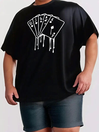 Erkek Büyük Beden Kart Baskılı Düz Renk Kısa Kollu Bisiklet Yaka Tişört Gündelik Giyim - Siyah