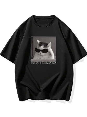 Baskılı Oversize Bisiklet Yaka T-shirt - Siyah