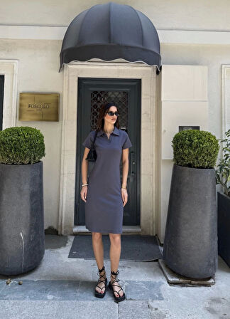 Osy Modal Yumuşak Dokulu Kumaş Yakalı Kısa Kollu Elbise - Füme