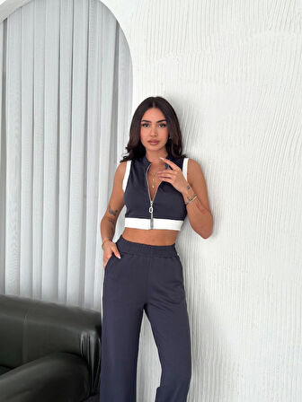 Osy Modal Yumuşak Dokulu Kumaş Tam Fermuarlı Crop Pantalon İkili Takım - Antrasit