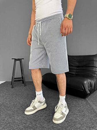 Su Yolu Çizgili Cepli Şort- Gri