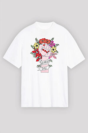 8 Mart Dünya Kadınlar Günü İçin Özel Baskılı T-shirt - Beyaz