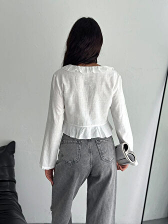 Keten Uzun Kol Bağacık Detaylı Bluz - Beyaz