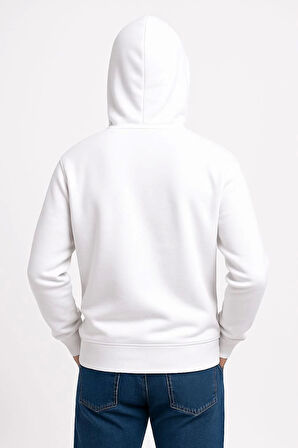 Erkek Üç İplik Kapüşonlu Kanguru Cepli SweatShirt Hoodie - Beyaz