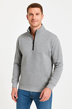 Erkek Dik Yaka Sweatshirt Dik Yaka Yarım Fermuarlı 3 İplik Şardonlu Pamuk Kumaş - Gri