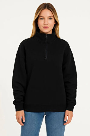 Üç İplik Dık Yaka Yarım Fermuarlı SweatShirt - Siyah