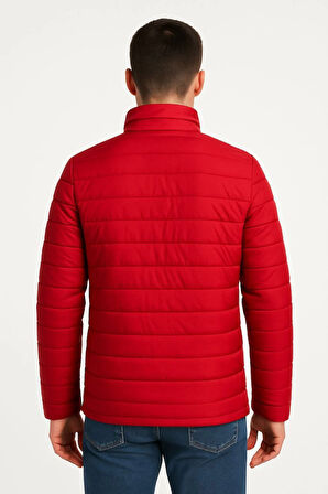 Erkek Bomber Mont Ceket - Su İtici Kumaş, Kapitone Astarlı, Fermuarlı, Kışlık - Kırmızı
