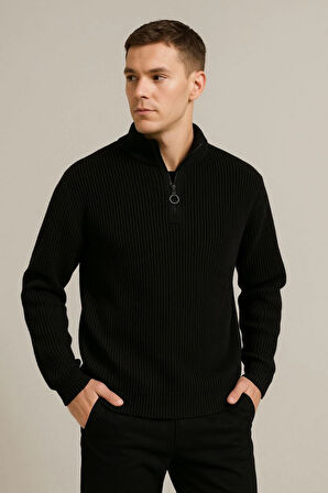 Erkek Yarım Fermuarlı Triko Kazak - Selanik Örgü, Dik Yaka, Pamuklu Dokuma, Regular Fit Uzun Kollu Kışlık Model - Siyah