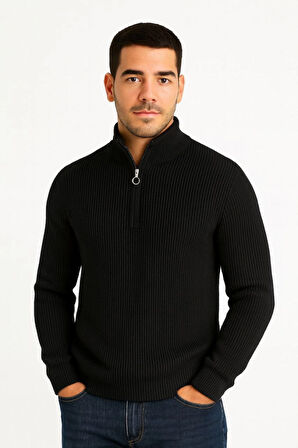 Erkek Yarım Fermuarlı Triko Kazak - Selanik Örgü, Dik Yaka, Pamuklu Dokuma, Regular Fit Uzun Kollu Kışlık Model - Siyah