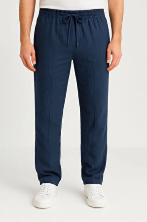 Erkek Keten Pantolon - Cepli, Beli Lastikli Ve Bağcıklı, Nefes Alan Rahat Kalıp, Yazlık Ve Baharlık Günlük Giyim, Şık - Konforlu Boru Paça Model - Lacivert