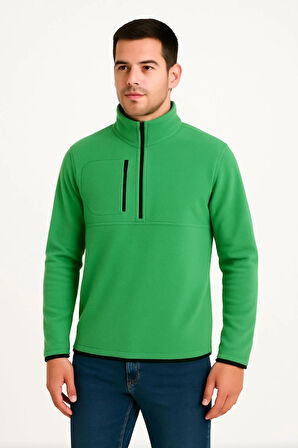 Erkek Polar Kazak - Dik Yaka, Yarım Fermuarlı, Fermuarlı Göğüs Cepli, Siyah Biyeli, Kışlık Rahat Regular Fit Günlük Model - Yeşil