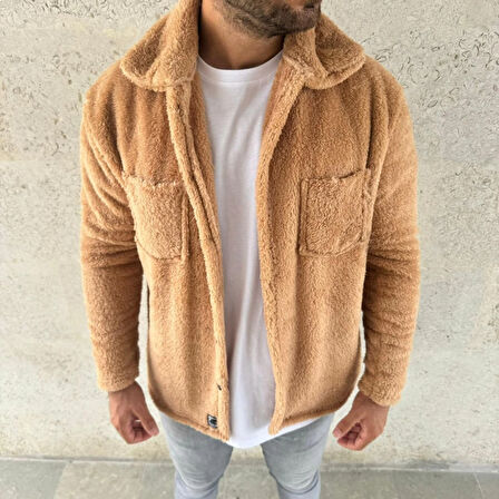 Erkek Pelüş Polar Hırka Gömlek - Yakalı, İlik Düğmeli, Göğüs Cepli, Yumuşak Dokulu Kışlık Regular Fit Rahat Günlük Model - Açık Kahve