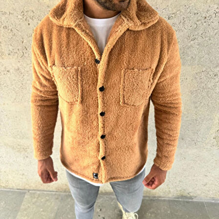 Erkek Pelüş Polar Hırka Gömlek - Yakalı, İlik Düğmeli, Göğüs Cepli, Yumuşak Dokulu Kışlık Regular Fit Rahat Günlük Model - Açık Kahve