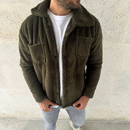 Erkek Pelüş Polar Hırka Gömlek - Yakalı, İlik Düğmeli, Göğüs Cepli, Yumuşak Dokulu Kışlık Regular Fit Rahat Günlük Model - Haki