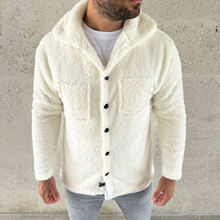 Erkek Pelüş Polar Hırka Gömlek - Yakalı, İlik Düğmeli, Göğüs Cepli, Yumuşak Dokulu Kışlık Regular Fit Rahat Günlük Model - Beyaz