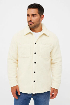 Erkek Pelüş Polar Hırka Gömlek - Yakalı, İlik Düğmeli, Göğüs Cepli, Yumuşak Dokulu Kışlık Regular Fit Rahat Günlük Model - Beyaz