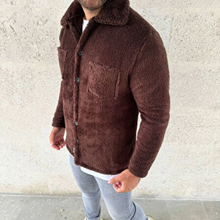 Erkek Pelüş Polar Hırka Gömlek - Yakalı, İlik Düğmeli, Göğüs Cepli, Yumuşak Dokulu Kışlık Regular Fit Rahat Günlük Model - Kahverengi